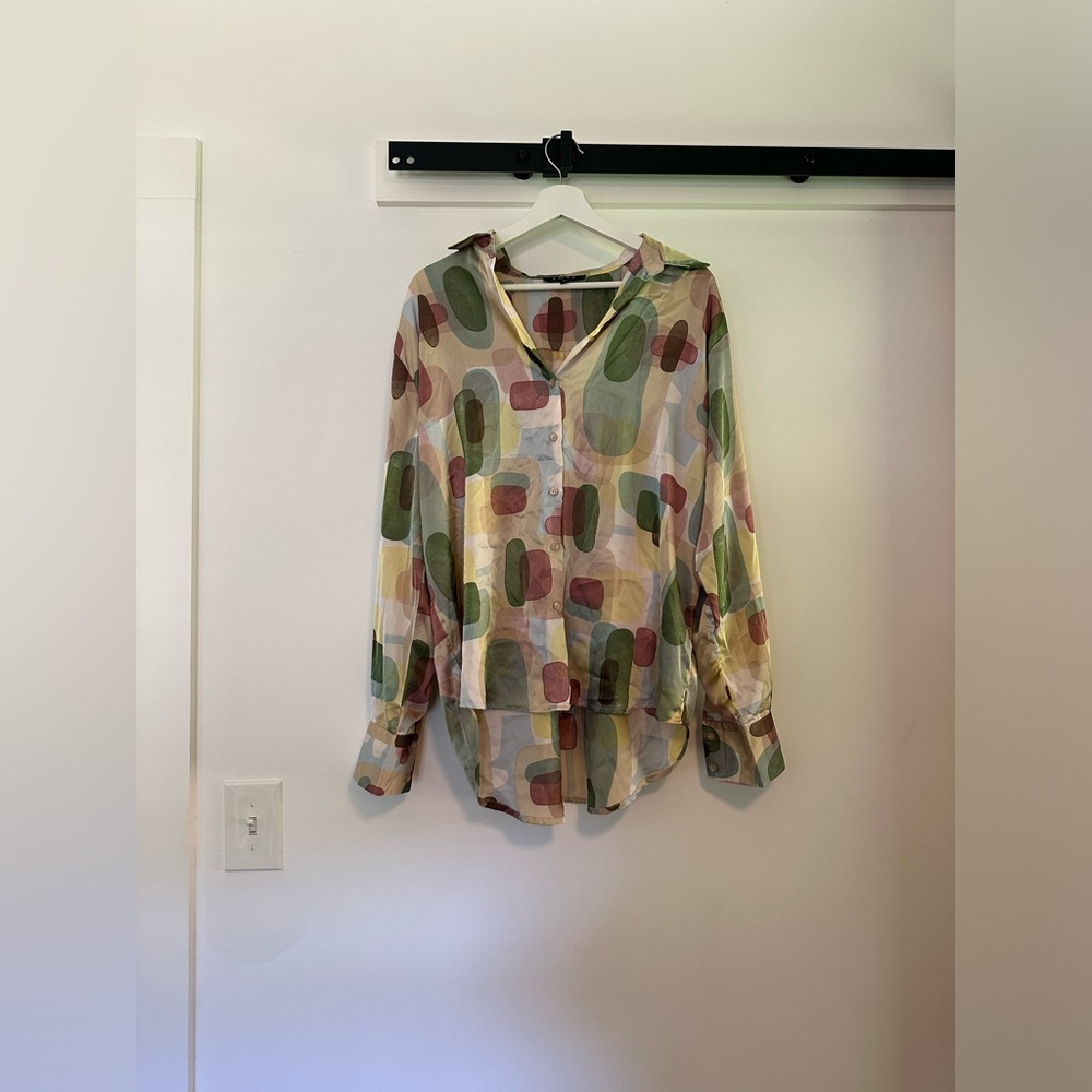 Funky Pattern Satin Button Up Blouse - image 1
